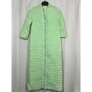 VTG 60's 70's Robe Sears At Home Wear Sz 8 Mint Green Quilted Floral Embroidery